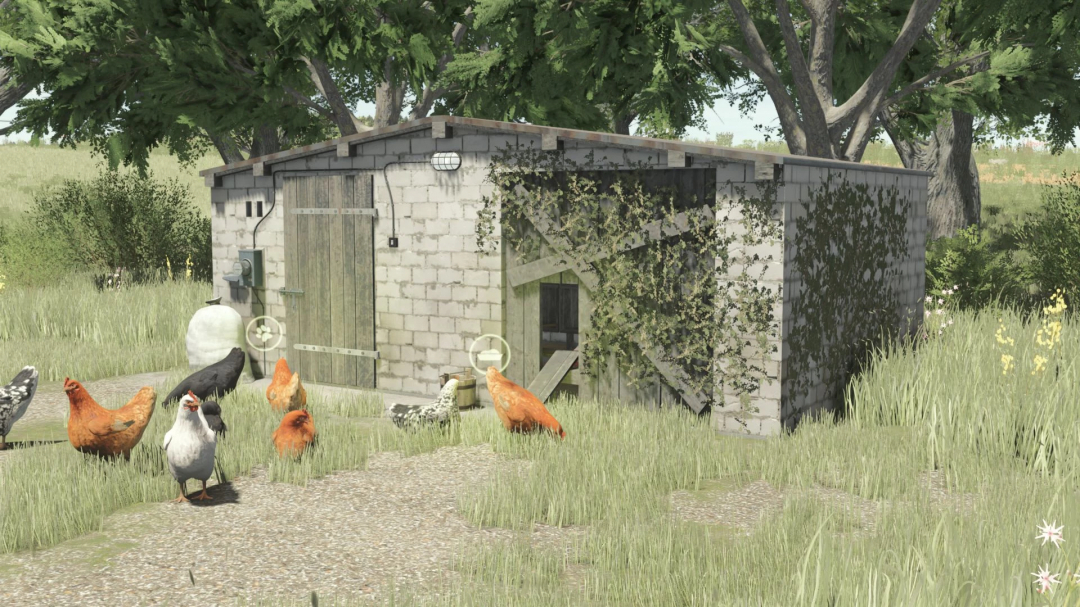 Small brick chicken coop with chickens in FS25 mod, Farming Simulator 25.