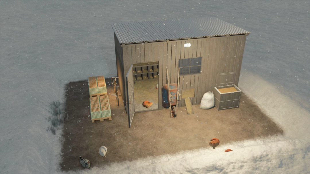 Small Chicken Coop 5x3 mod in FS25 game, featuring a snow-covered environment with a wooden coop, chickens, and farming equipment.