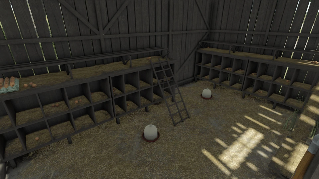 Inside view of Small Chicken Coop mod for FS25, featuring nesting boxes and feeders on a straw-covered floor.