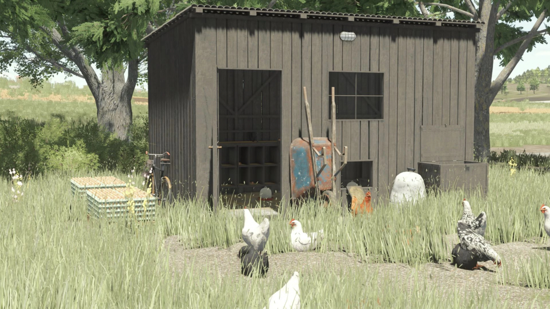 Small chicken coop with chickens and crates of eggs, part of FS25 mods in Farming Simulator 25.