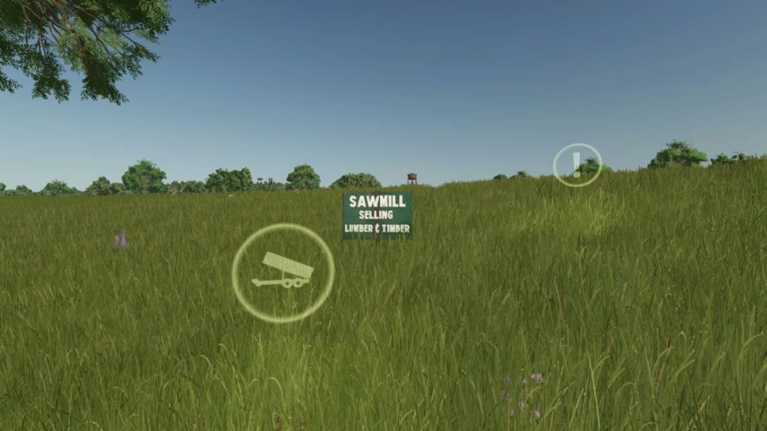 FS25 mod: Small point of sale for wood shown in a field with a sign for selling lumber and timber.