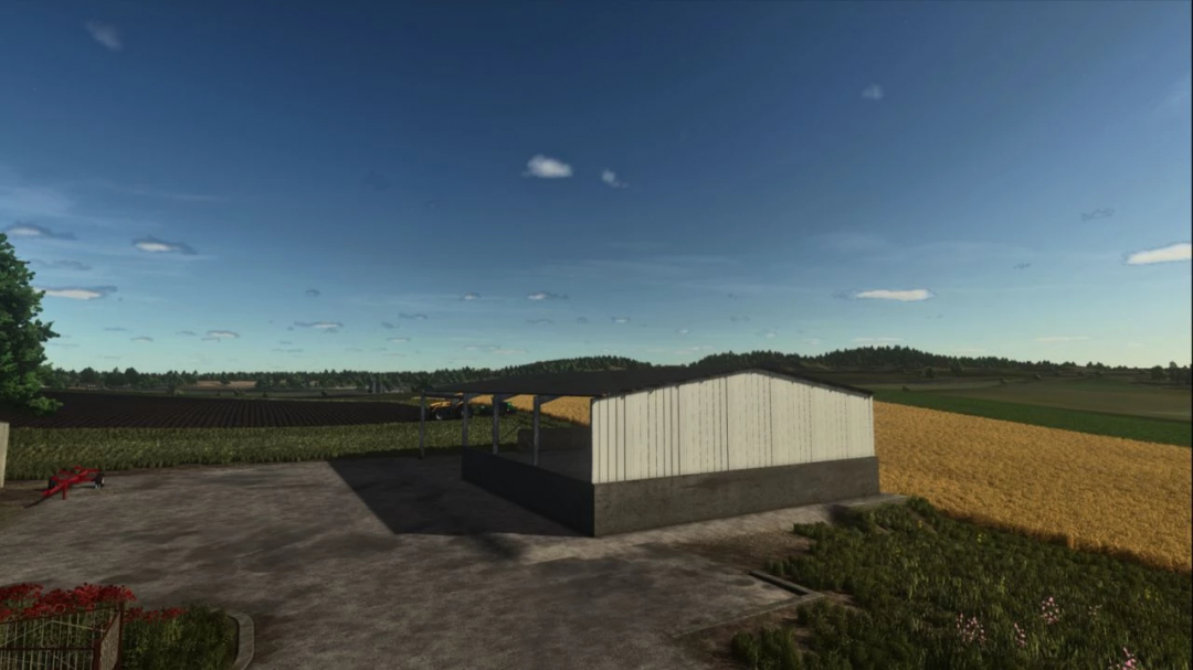 Storage shed mod for FS25 in a scenic farm landscape with fields and blue sky.