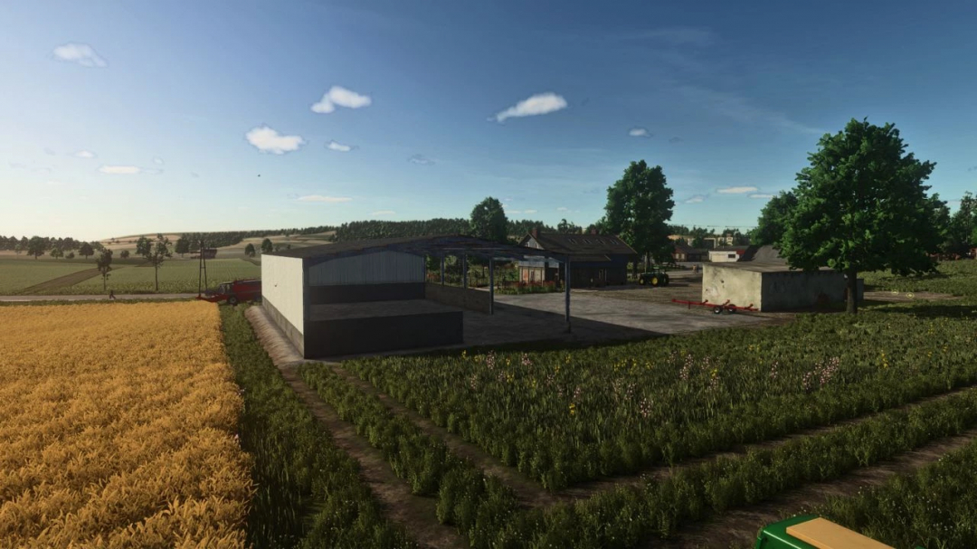 A storage shed mod for FS25, featuring an agricultural landscape with fields and trees, enhancing gameplay in Farming Simulator 25.