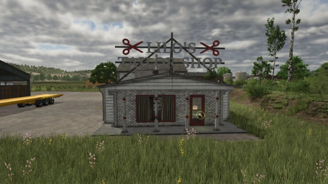 FS25 mod Tailor workshop showing a brick building with scissors sign in Farming Simulator 25.