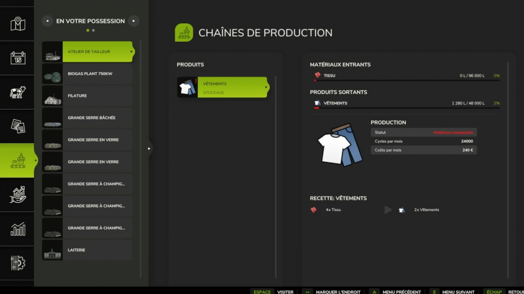 Farming Simulator 25 mod interface showing Tailor Workshop accelerated production details.