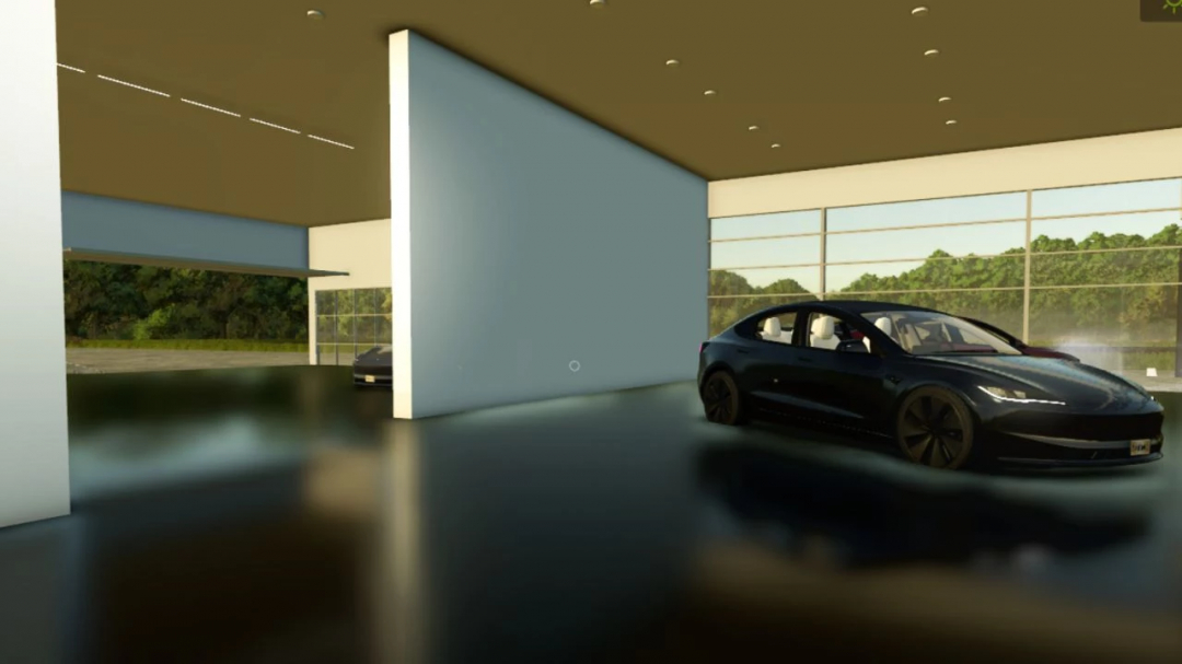 Tesla Model 3 2025 mod in FS25 showroom, Farming Simulator 25.