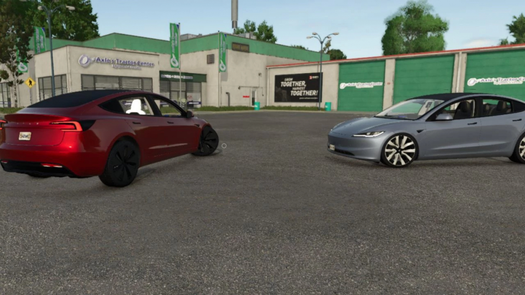 FS25 mods: Tesla Model 3 2025 parked in a Farming Simulator 25 dealership.