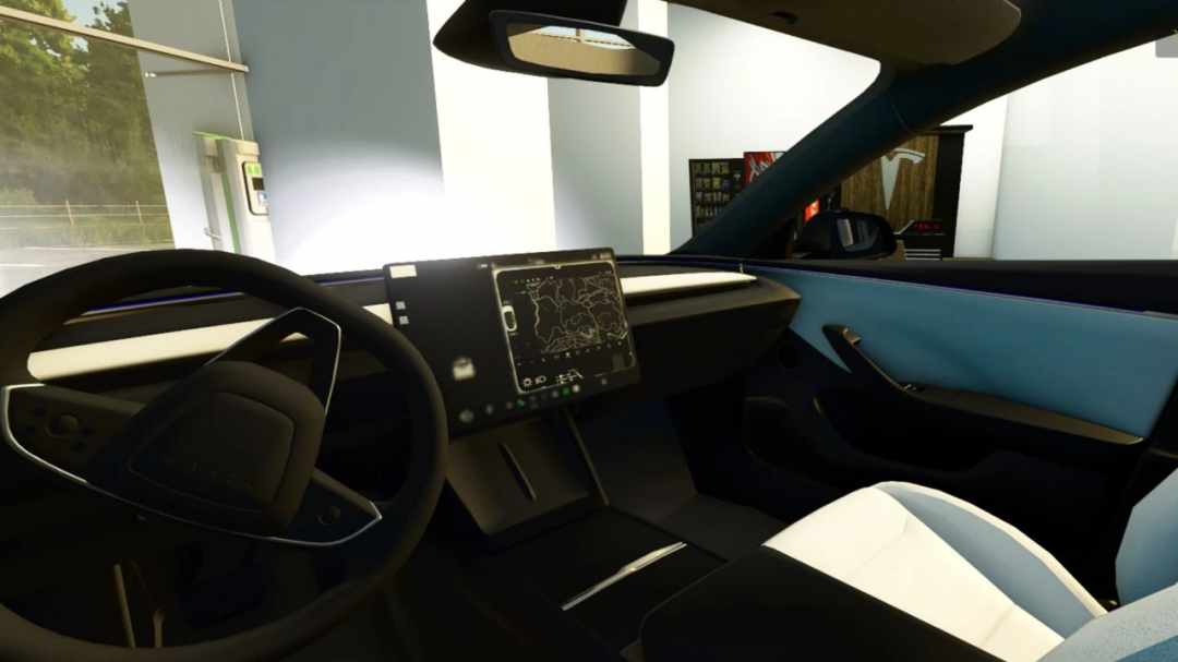 Interior view of the Tesla Model 3 2025 mod in Farming Simulator 25, featuring a detailed dashboard and touchscreen.