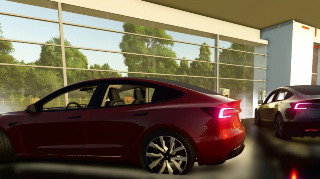 Red Tesla Model 3 2025 in FS25 mod, parked in a modern garage with glass walls.