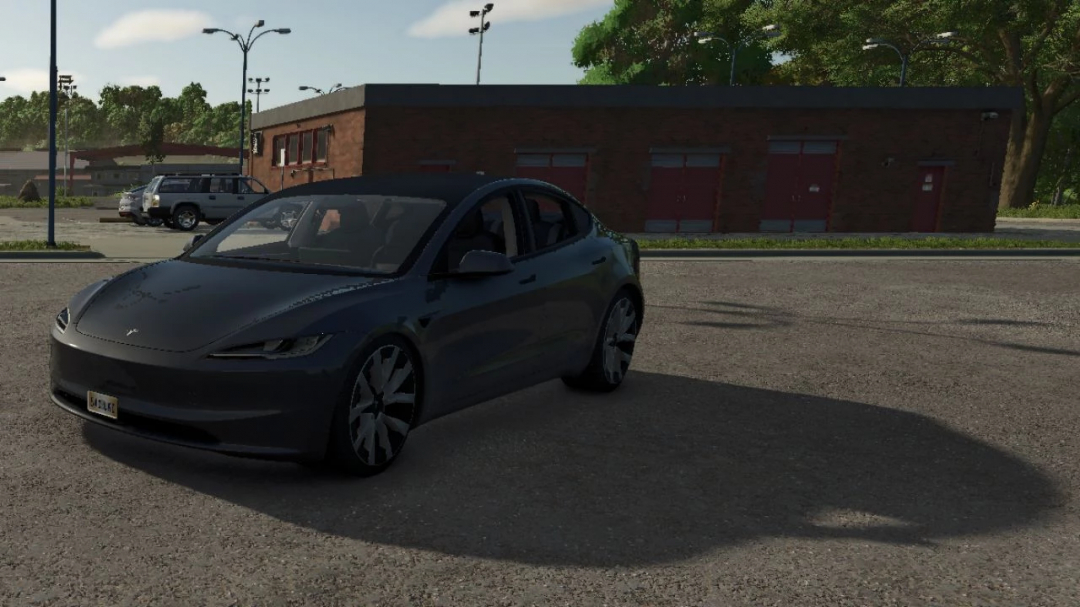 Tesla Model 3 2025 mod in Farming Simulator 25, parked in a lot.