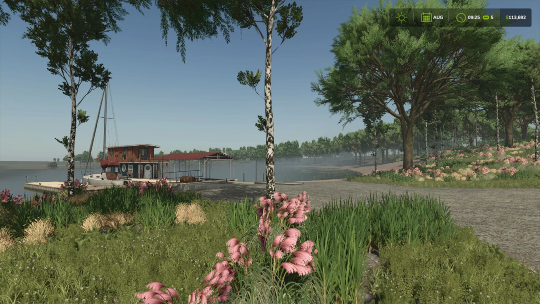 Scenic landscape in FS25 mod The Back 40 Acres 4x v1.0.0.0, featuring a lakeside view with lush greenery and a docked houseboat.