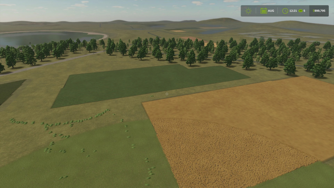 Aerial view of The Back 40 Acres 4x mod in Farming Simulator 25 featuring cultivated fields and a tree-lined road.