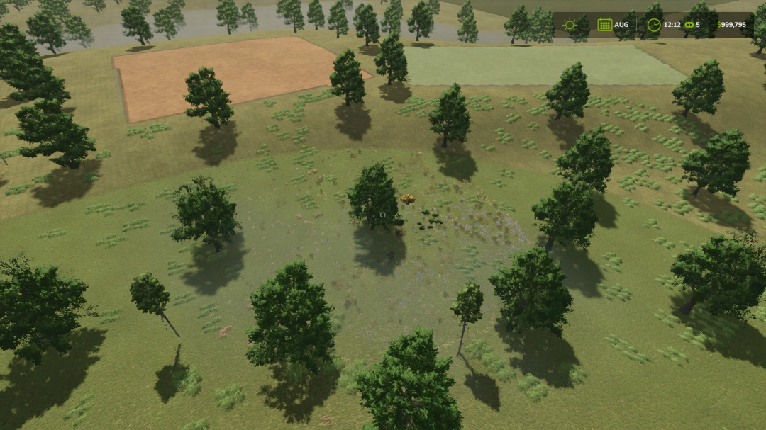 Aerial view of lush landscape in FS25 mod The Back 40 Acres 4x v1.0.0.0 featuring fields and scattered trees.