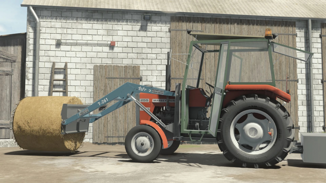 FS25 mod image showing Ursus 3512 tractor from Massey Ferguson 255 Pack with front loader lifting hay bale.