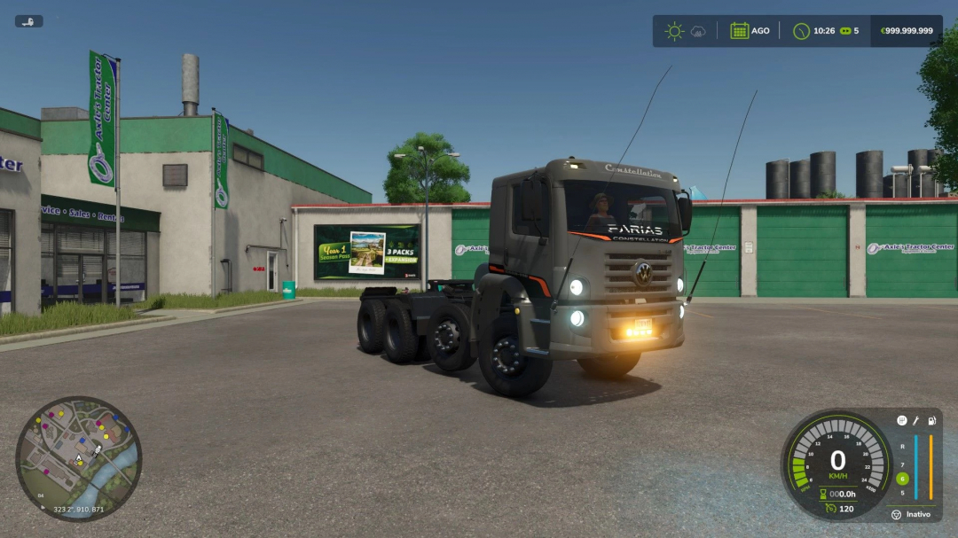 Volkswagen Constellation truck mod in Farming Simulator 25 at a tractor center.