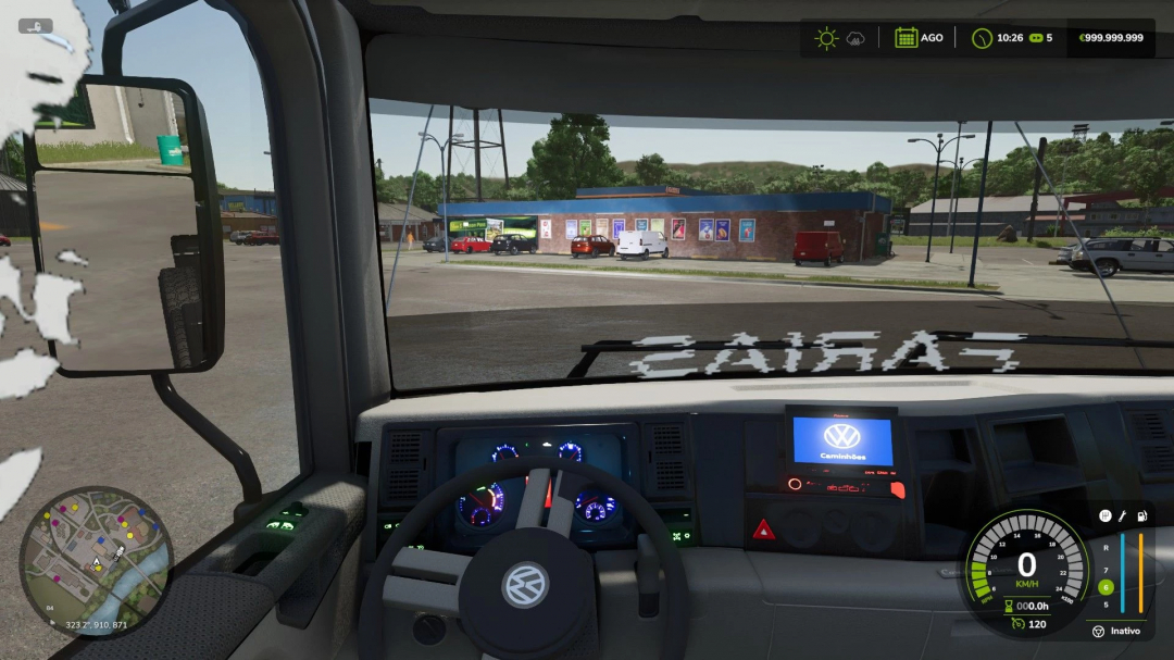 Interior view of Volkswagen Constellation mod in Farming Simulator 25, showing dashboard and steering wheel.