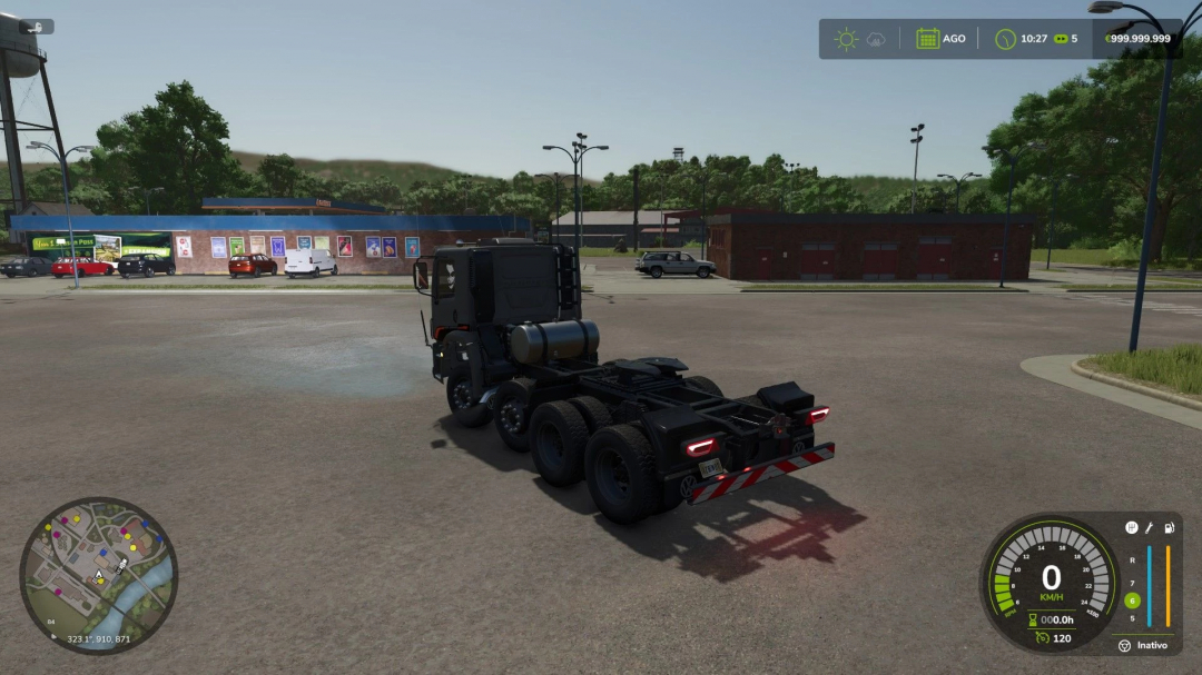 Volkswagen Constellation mod in Farming Simulator 25, truck parked in a commercial area, game interface visible.