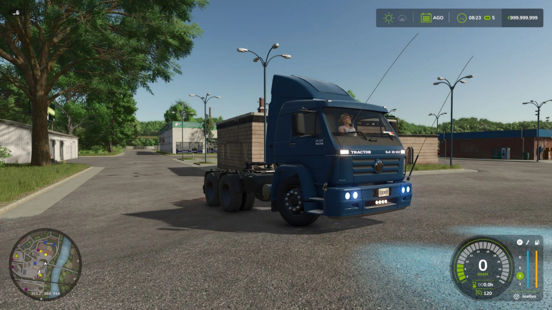 Volkswagen Titan 310/300 mod in Farming Simulator 25, showcasing a blue truck in a village setting.