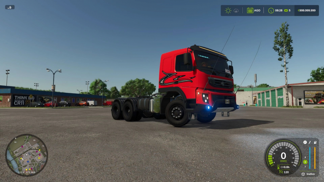 Volvo FMX 2011 truck mod in FS25 game, parked on asphalt with clear sky, showcasing detailed graphics.