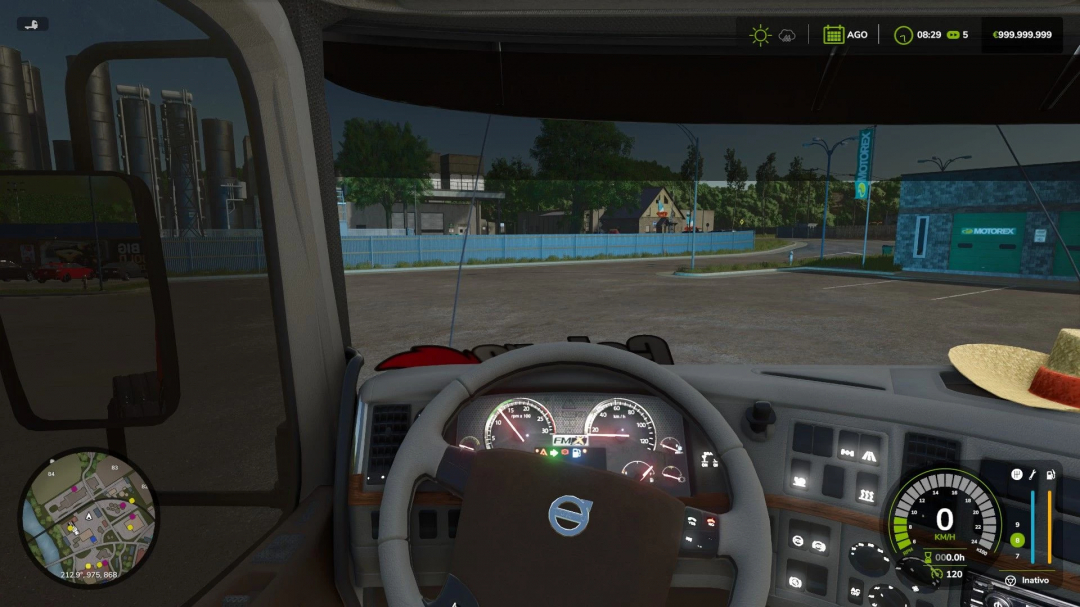 Interior view of Volvo FMX 2011 mod in FS25, displaying dashboard and steering wheel with in-game HUD elements visible.