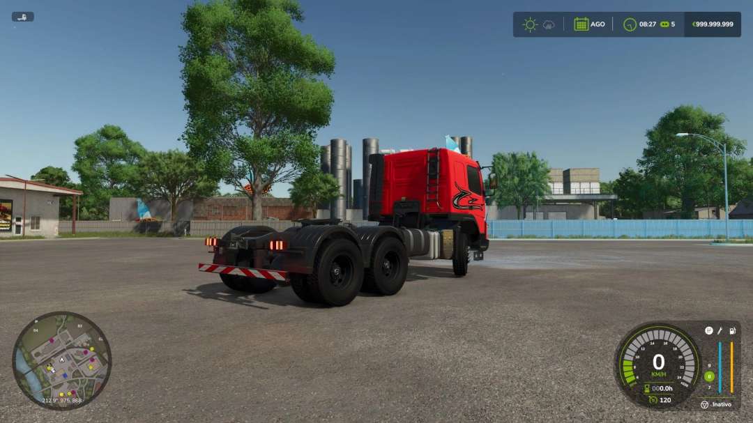 FS25 mod screenshot shows Volvo FMX 2011 truck parked in open area, featuring game HUD elements.