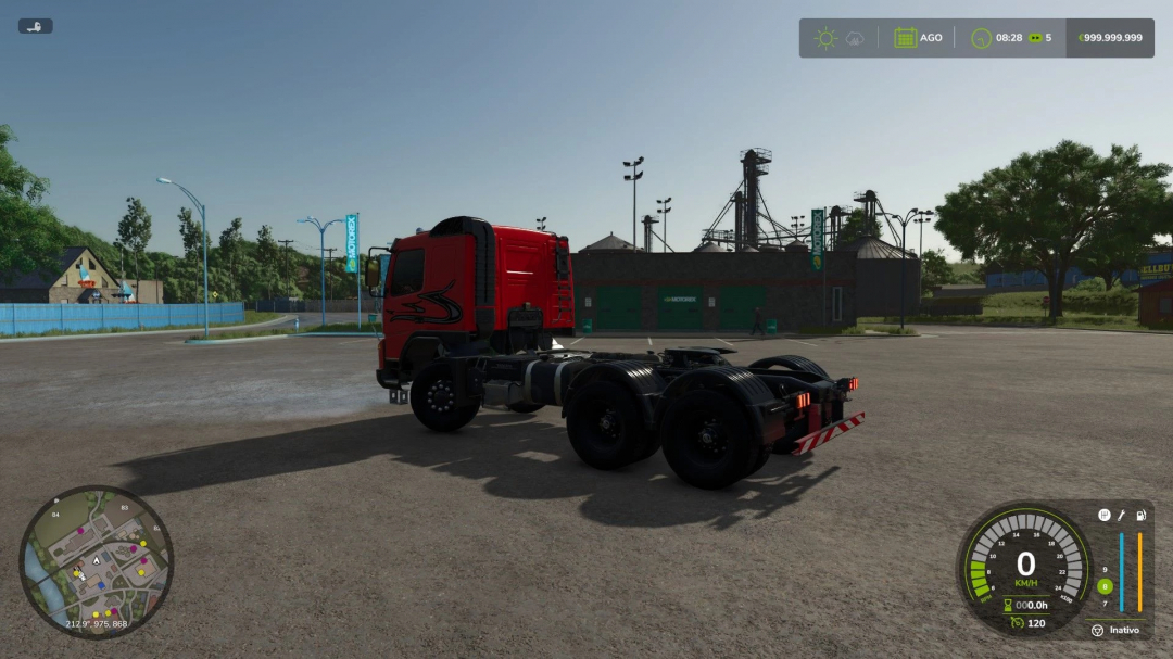 Red Volvo FMX 2011 truck mod in Farming Simulator 25 game environment, showcasing vehicle details and HUD interface.