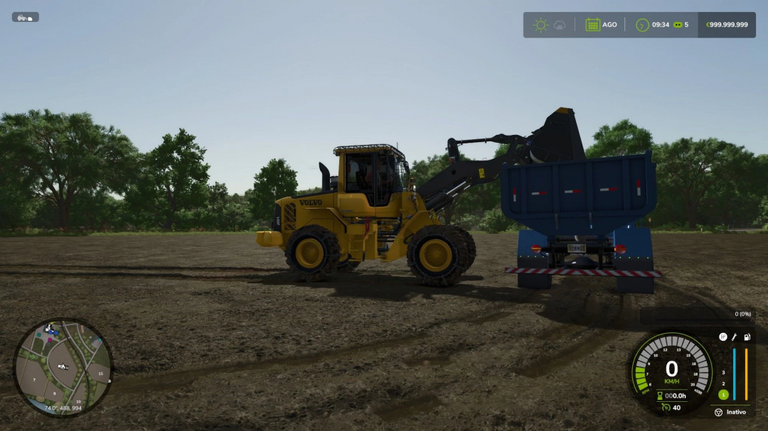 Volvo L60Fbr mod in FS25 loading a trailer in a field.