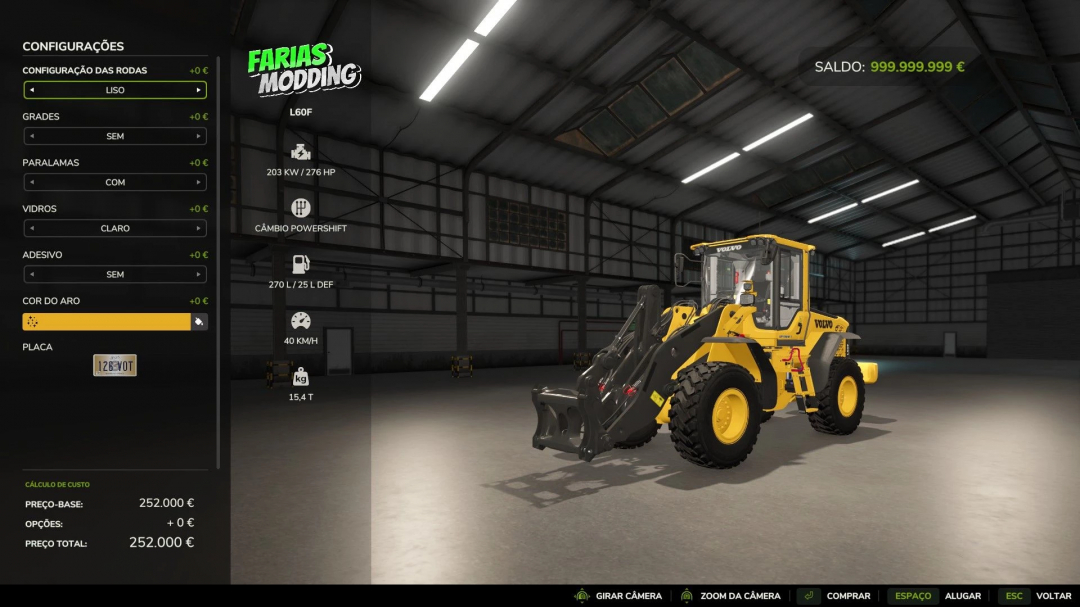 Volvo L60Fbr mod in FS25 garage, showing configuration options and specifications.