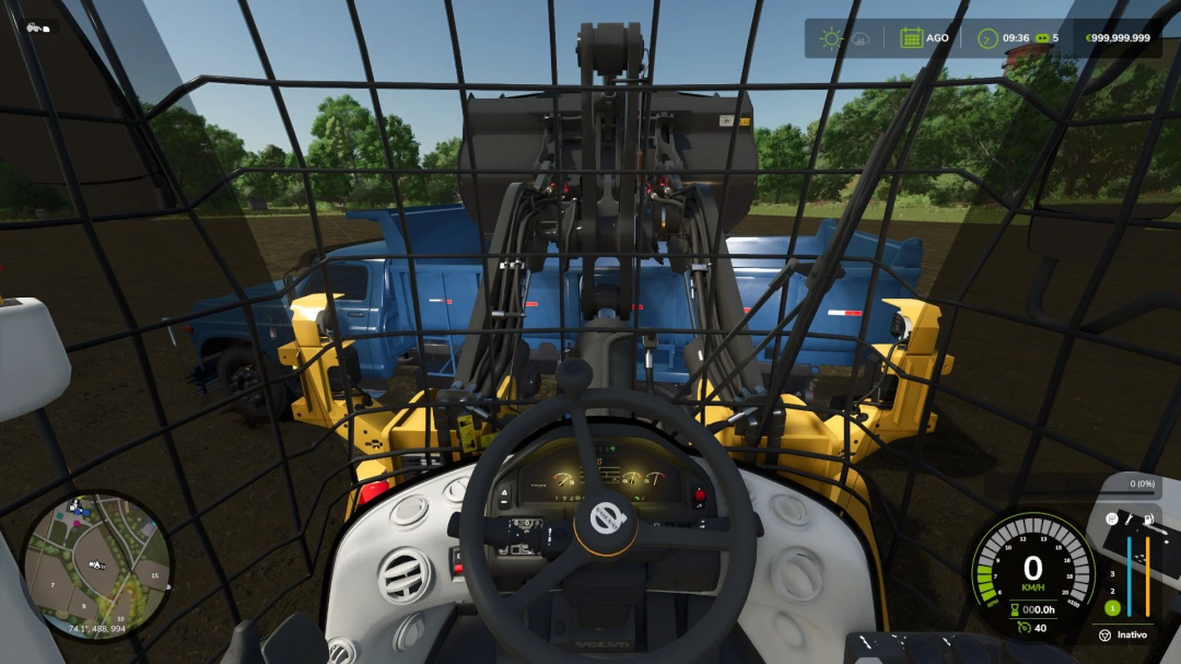 Interior view of Volvo L60Fbr mod in FS25, showing dashboard and construction environment.