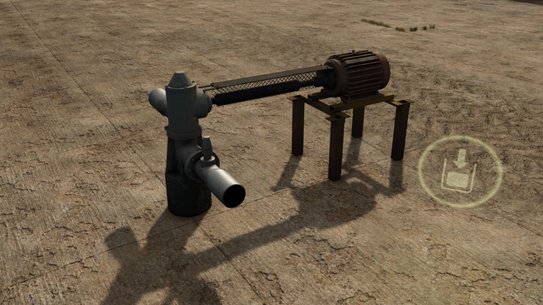 Water pump with fill trigger mod for FS25 on a dirt surface.