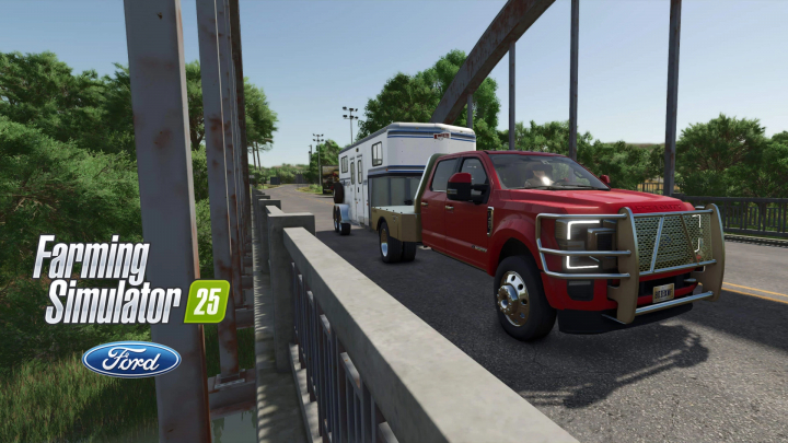 fs25-mods, Red 2020 Ford Super-Duty Limited towing a trailer in FS25 mod.