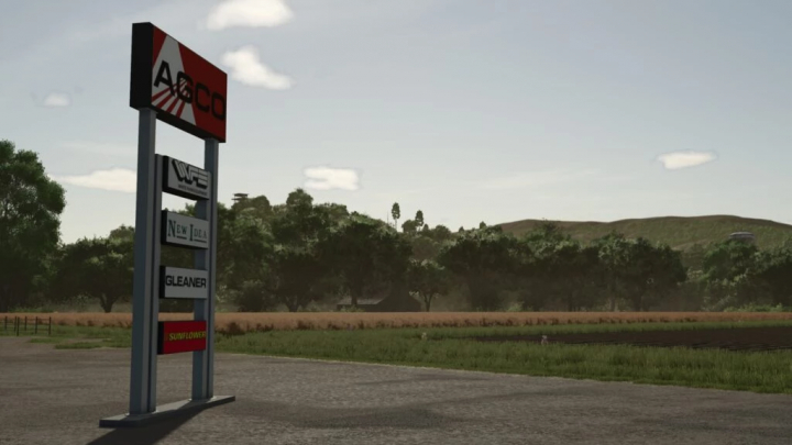 fs25-mods,  AGCO Dealer Sign mod for FS25 showcasing various brand logos against a rural backdrop.