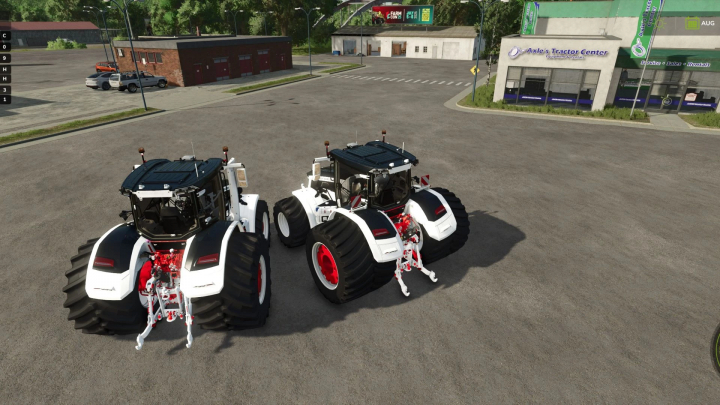 fs25-mods,  FS25 mods: Two Massey Ferguson 9S tractors parked outside Axle's Tractor Center in Farming Simulator 25 mod.