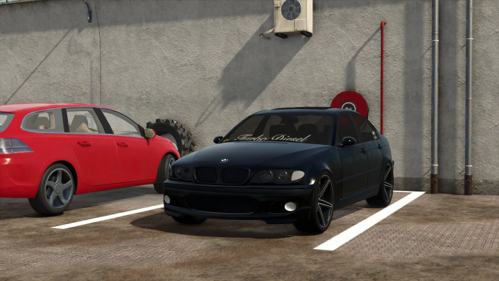 fs25-mods, FS25 mod BMW E46 v1.0.0.0 parked next to a red car in Farming Simulator 25.