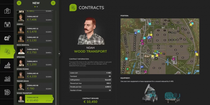 fs25-mods,  FS25 mods interface showing Better Contracts v1.1.1.0 mod with various farming tasks and map layout.