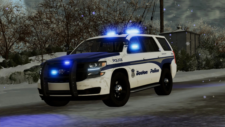 fs25-mods,  Chevrolet Tahoe 2015 PPV mod for Farming Simulator 25 with police livery, snowy background. FS25 mods.