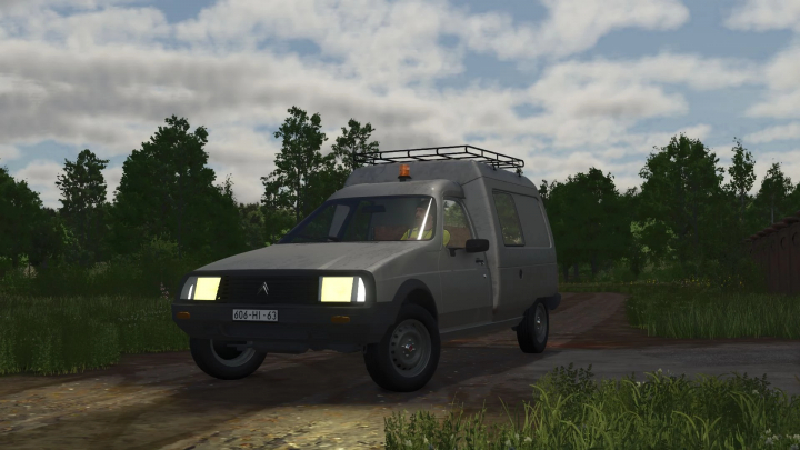 fs25-mods, FS25 mod Citroën C15 v1.0.0.0 in a rural setting, showcasing the vehicle's design against trees and clouds.