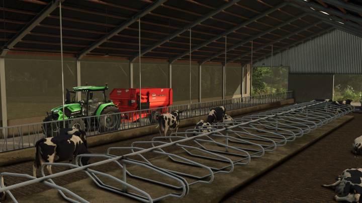 fs25-mods, Interior of Cowshed 3+0 mod in FS25, featuring a tractor and cows in Farming Simulator 25.