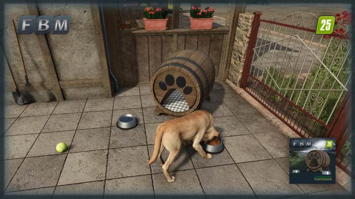 fs25-mods, Dog eating near a barrel-shaped kennel mod in Farming Simulator 25, showcasing FS25 pet care enhancements.