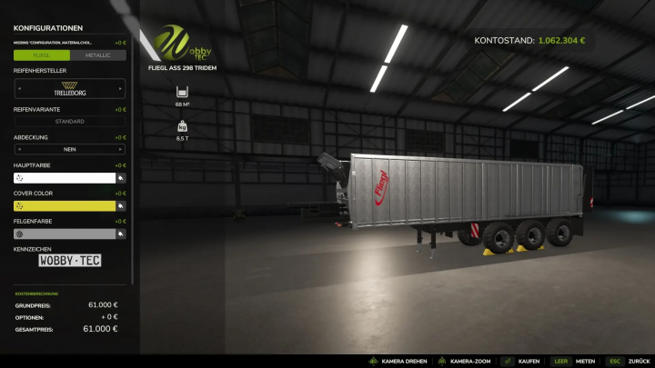 fs25-mods, FS25 mod FLIEGL ASS298 3-axle trailer customization options displayed in Farming Simulator 25.