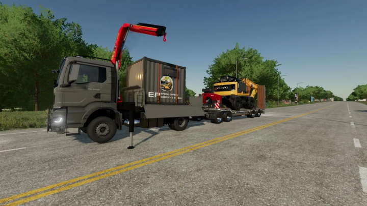 fs22-mods,  FS22 mods: MAN TGS 2021 4x4 truck with trailer carrying equipment on road in Farming Simulator 22.