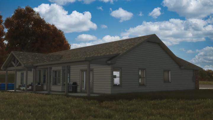 fs25-mods,  FS25 No Creek Farm House mod showing a cozy farmhouse with a porch under a blue sky in Farming Simulator 25.