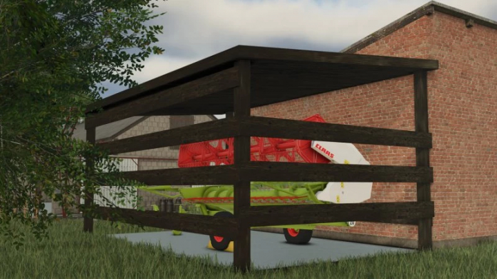 fs25-mods, FS25 Szopa mod showcasing a wooden shelter with farm equipment beside a brick building in Farming Simulator 25.