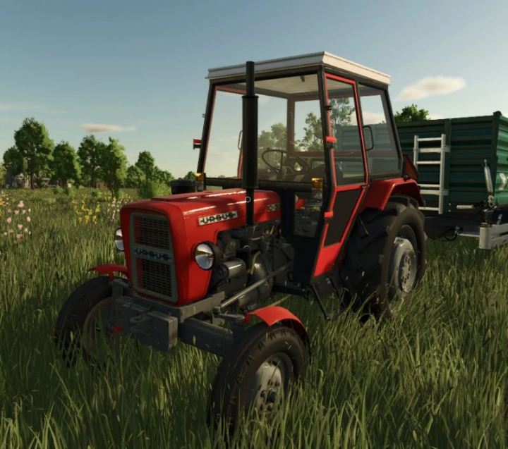 fs25-mods,  Red Ursus C330 tractor in FS25 mod, Farming Simulator 25, on grass field with clear sky.