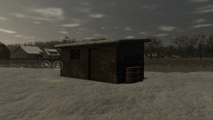 fs25-mods,  Fertilizer Storage mod in snowy landscape for FS25, featuring a small brick shed and two barrels.