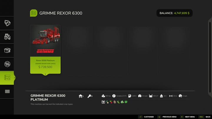 fs25-mods,  FS25 mod Grimme Rexor 6300 interface showing price and stats.