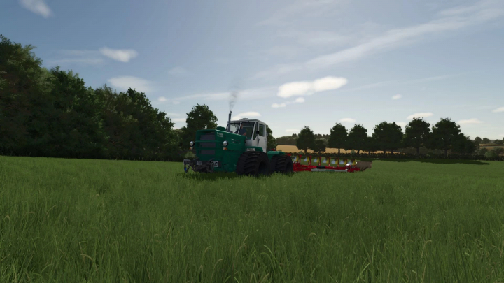 fs25-mods,  HTZ T-150K tractor mod in FS25 game, plowing a lush green field under a clear sky.