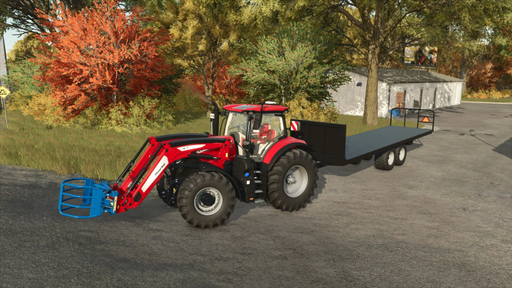 fs25-mods, A red tractor with a blue bale grabber attached to a homemade bale trailer in FS25 mod, surrounded by autumn trees.