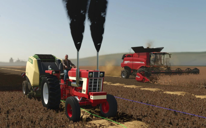 fs25-mods, FS25 mod International 1468 v1.0.0.0, a red tractor on a farm field with a baler, and a red harvester in the background.