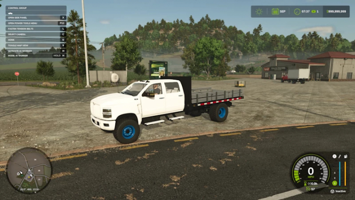 fs25-mods, Farming Simulator 25 mod featuring a white International CV Series truck with a flatbed and blue rims. FS25 mods showcase realistic vehicle options.